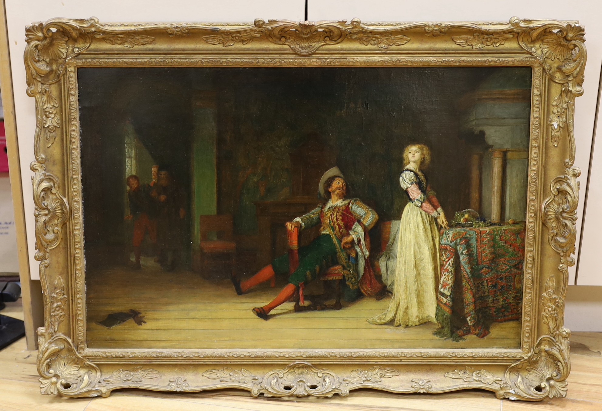 Circle of Robert Alexander Hillingford (1808-1904), oil on canvas, 17th century interior, indistinctly signed, 49 x 76cm